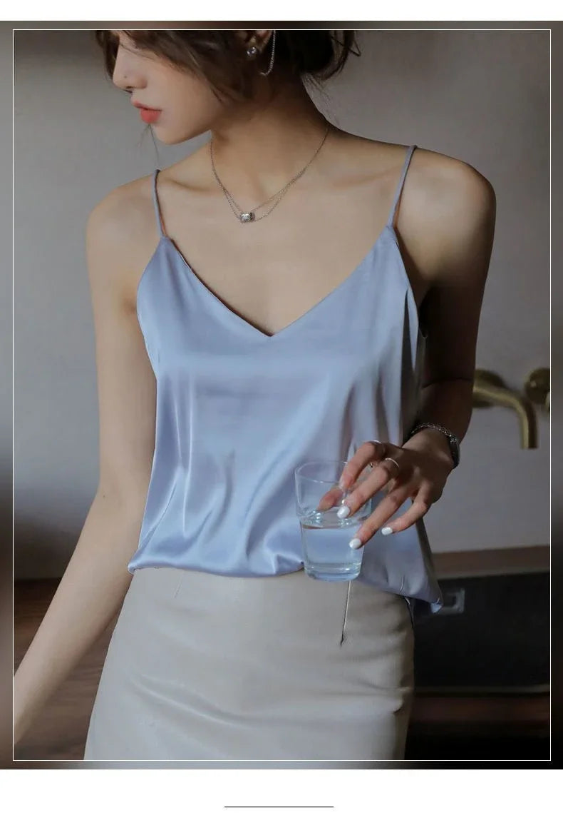 Women Halter V Neck Basic White Cami Spaghetti Strap Top Sleeveless Satin Silk 2026 Tank Tops Women'S Summer Camisole