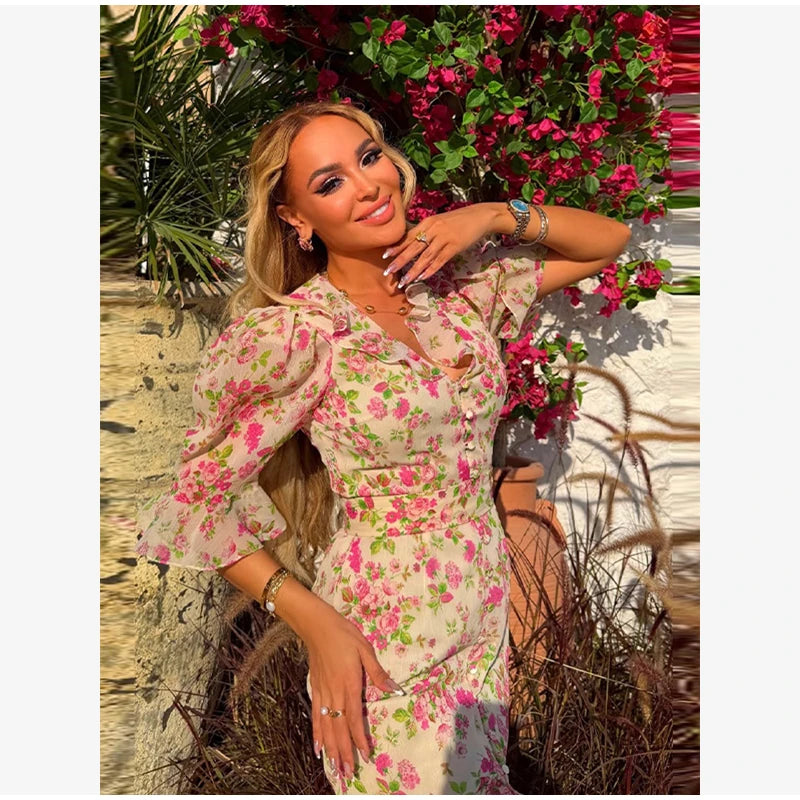 Organza Floral Printed Maxi Dress V-neck Puff Sleeve 2026 Spring/summer Romantic Women Party Gown Fashion Elegant Lady Vestido