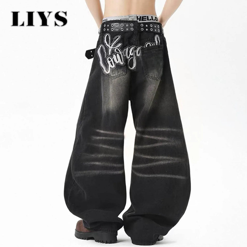 Men's American Retro Black Baggy Machete Wide Leg Jeans Four Seasons Personalized Embroidery Design Unisex Denim Pants Clothes