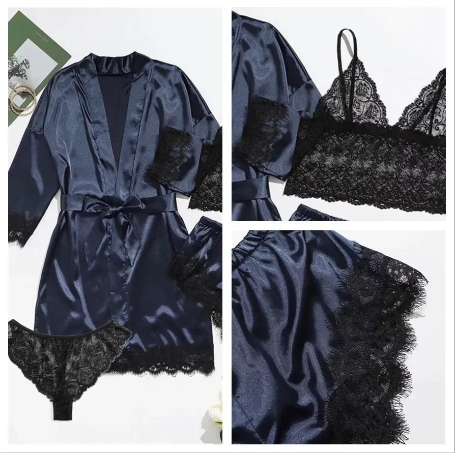 Women's Sexy Pajamas Nightgowns Lingerie Shorts 4-piece Lace Camisole Pajama Set Home Robe Nightgowns Leisure wear