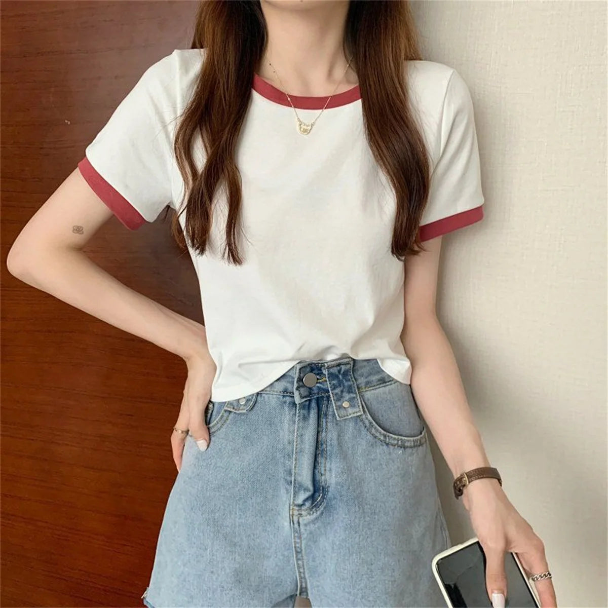 Fashion Patchwork T-shirts Women Basic Tee Casual Oversized Tops Quality Unisex Short Tshirts Tees Girl Summer Clothing Tops