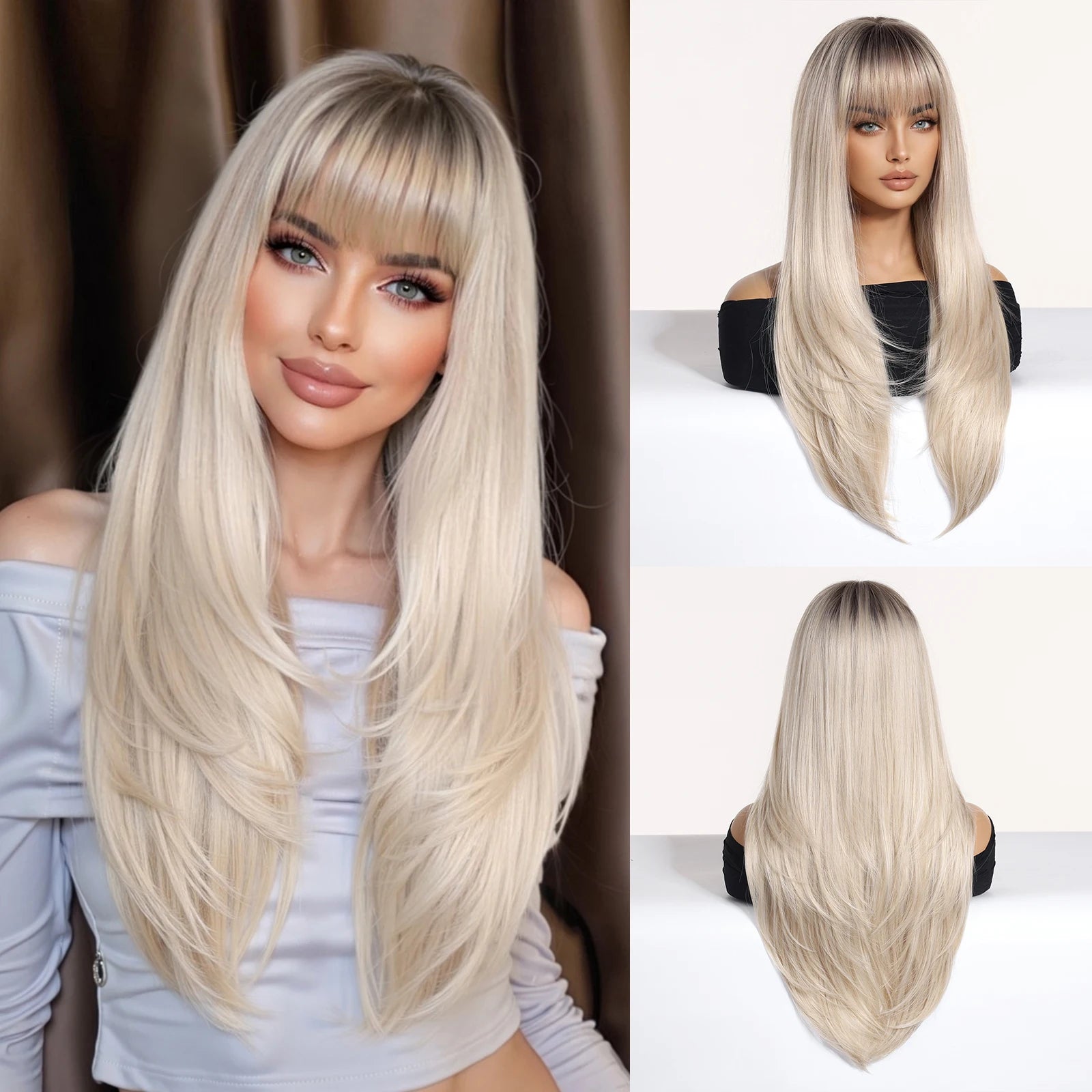 ALAN EATON Long Brown Highlight Synthetic Wigs Layered Straight Hair Wig Realistic Fake Hair for Daily Wear High Temperature Wig