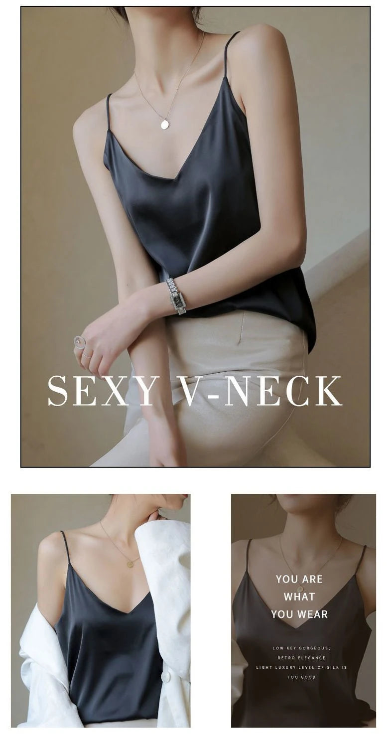 Women Halter V Neck Basic White Cami Spaghetti Strap Top Sleeveless Satin Silk 2026 Tank Tops Women'S Summer Camisole
