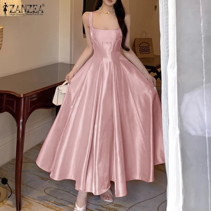 ZANZEA Women's Elegant White Satin Long Dresses Wedding Guest Cocktail Evening Party Dress Square Neck Sleeveless Robes Femme
