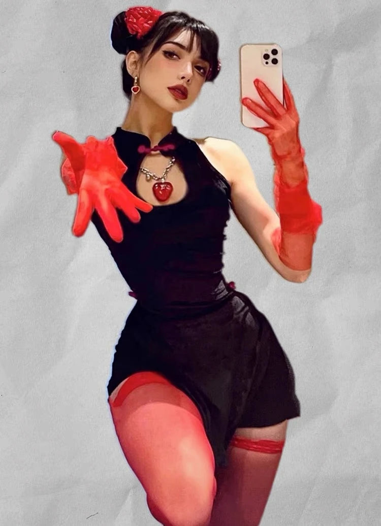 New Year Bar DS Performance Costume Sexy Gogo Leader Outfit Retro Red Black Splittytying Flag Robe Women's Stage Costume
