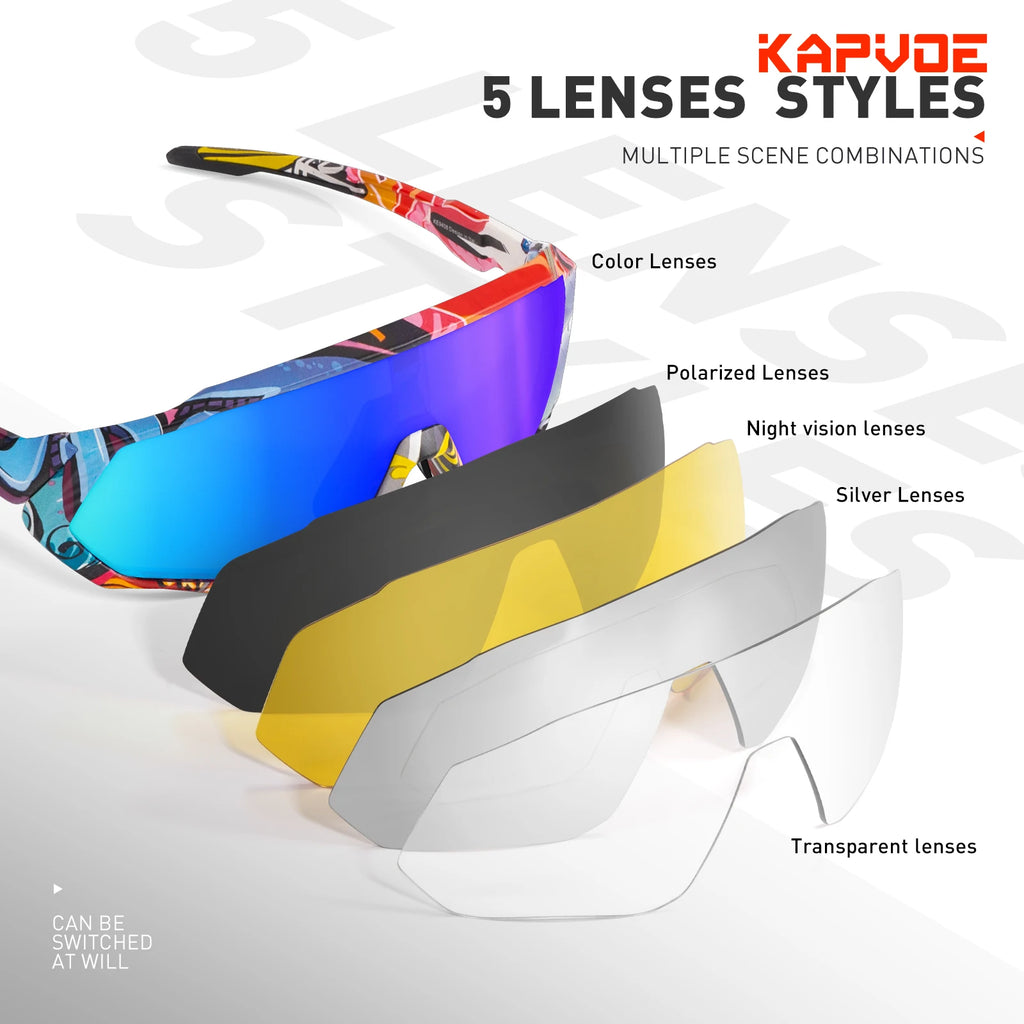 KAPVOE Polarised Cycling Glasses Outdoor Bicycle UV400 Goggles 5 Interchangeable Lenses Unisex Sports Sunglasses for Men Women