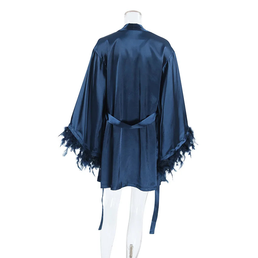 Shorts Nightgown Three-piece Set, Imitation Silk, Loungewear, Feather Pajamas