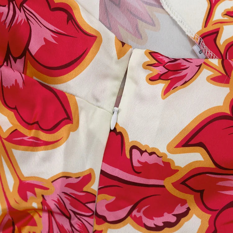 Fashion Satin Printing Sloping Shoulders Dresses Spring Women Single Shoulder Sleeves Dress Autumn High Waist Hip Hugging Dress