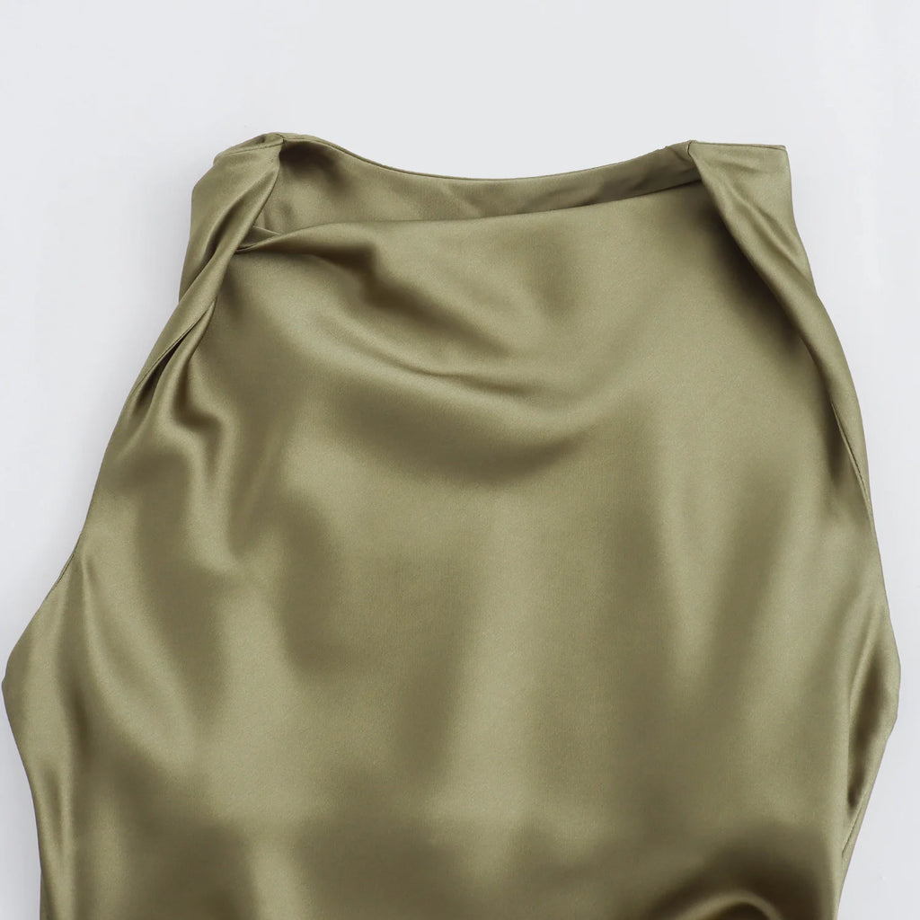 XNWMNZ 2024 Women's Fashion Satin Midi Dress Women High Street O Neck twisted armholes Waist Gathered Fit female Midi Dresses