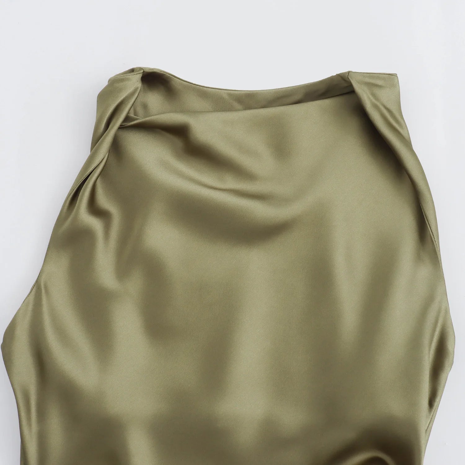 XNWMNZ 2024 Women's Fashion Satin Midi Dress Women High Street O Neck twisted armholes Waist Gathered Fit female Midi Dresses