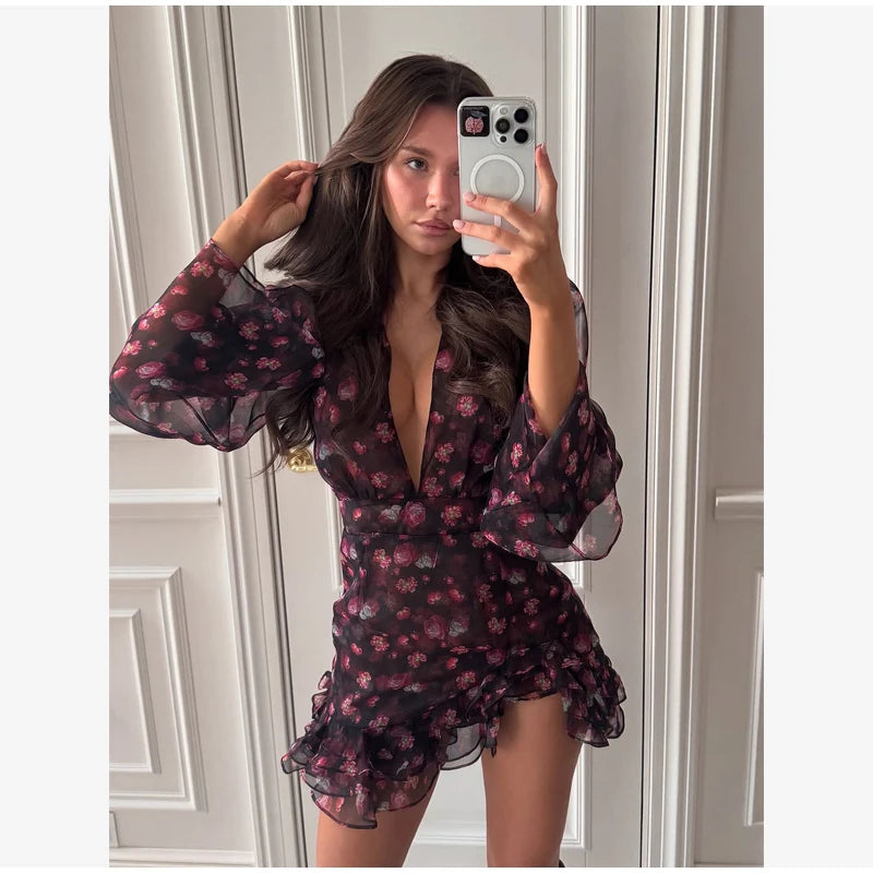 Elegant Floral Printed Mini Dress Women V-neck Short Sleeves Waist-cinching Ruffle Hem Dresses 2026 Lady Summer Vacation Gowns