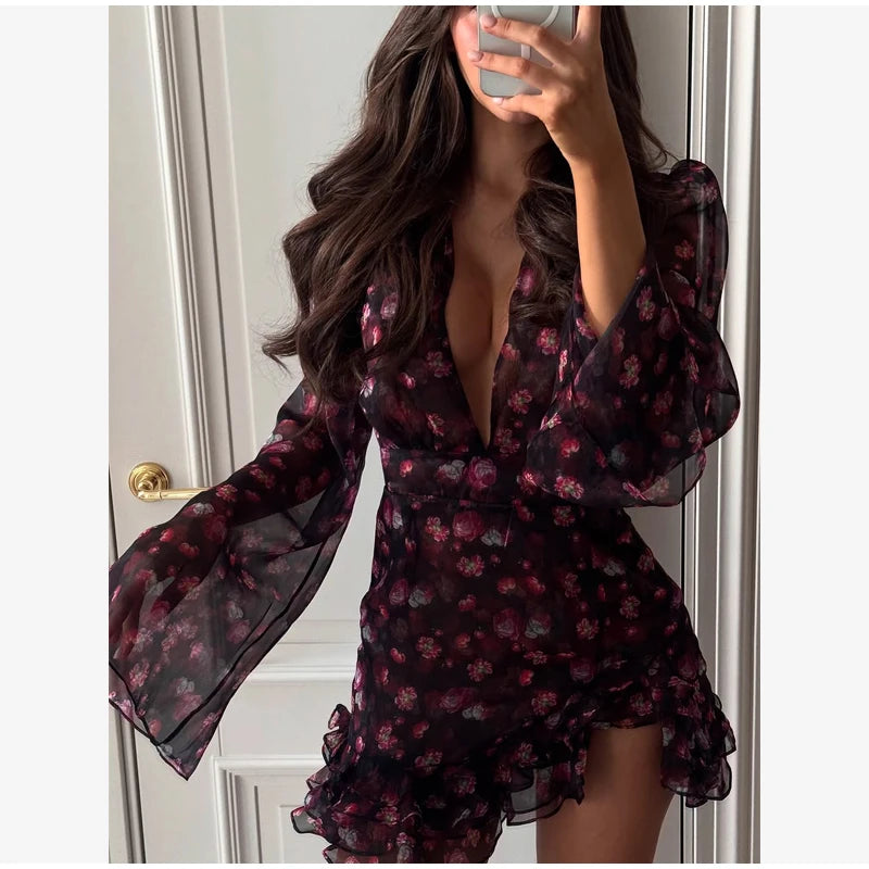 Elegant Flora Painted Ruffle Mini Dress Women Chic Full Sleeve Deep V-neck Slim A-line Dresses 2026 Lady Holiday Street Robe New