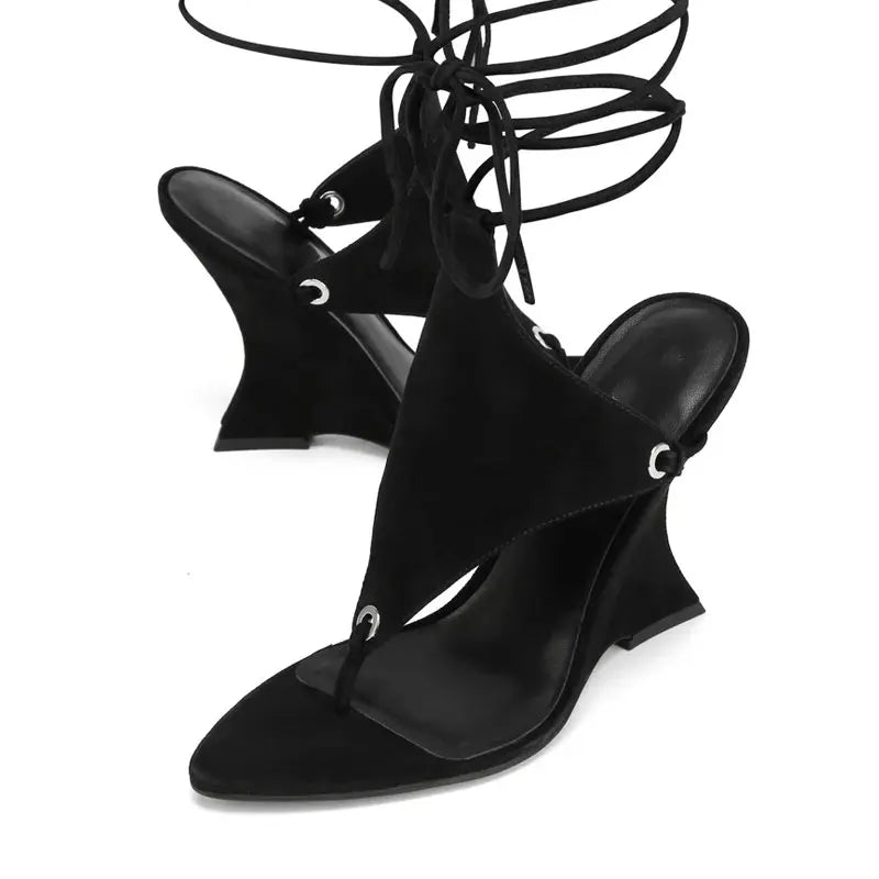 2026 European and American Women's Spring and Summer New Fashion Clip Toe Ankle Strap Irregular High Heels Walking Hollow Shoes