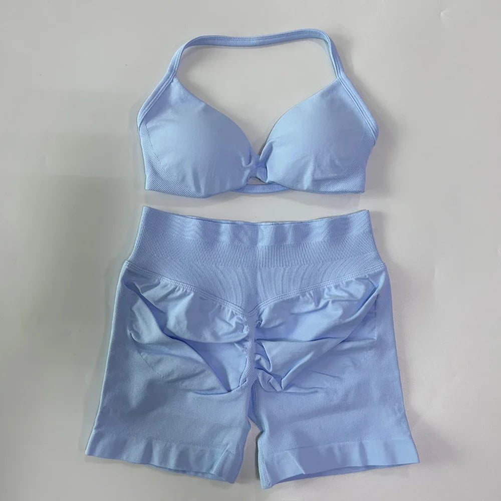 NO LOGO 2PCS Gym Set Women Strappy Yoga Bra Top High Waist Workout Scrunch Shorts Sports Suit Seamless Yoga Set Fitness Clothes