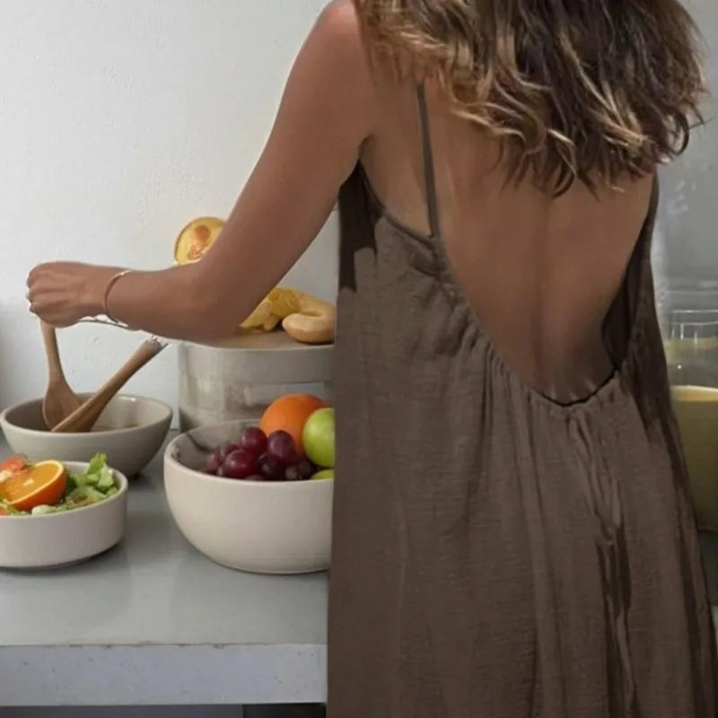 2026 Solid Color Vacation Cool Homewear Loose-Fit Spaghetti Strap Dress Women's Casual Homewear Summer Dress