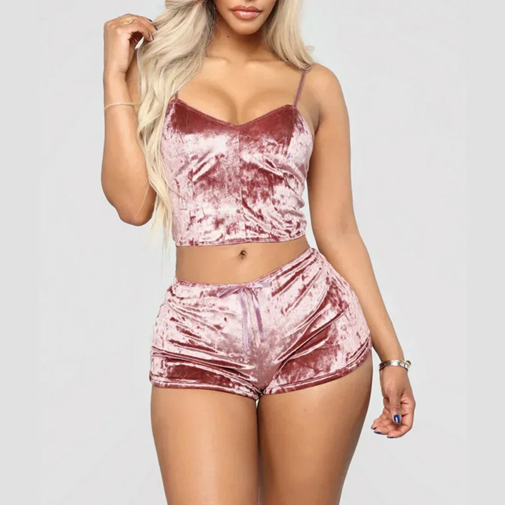 2Pcs/set Women's Velvet Polyester Comfortable V Neck Underwear Crop Top + Shorts Pajama Set Homewear Sleeveless Top Shorts Camis