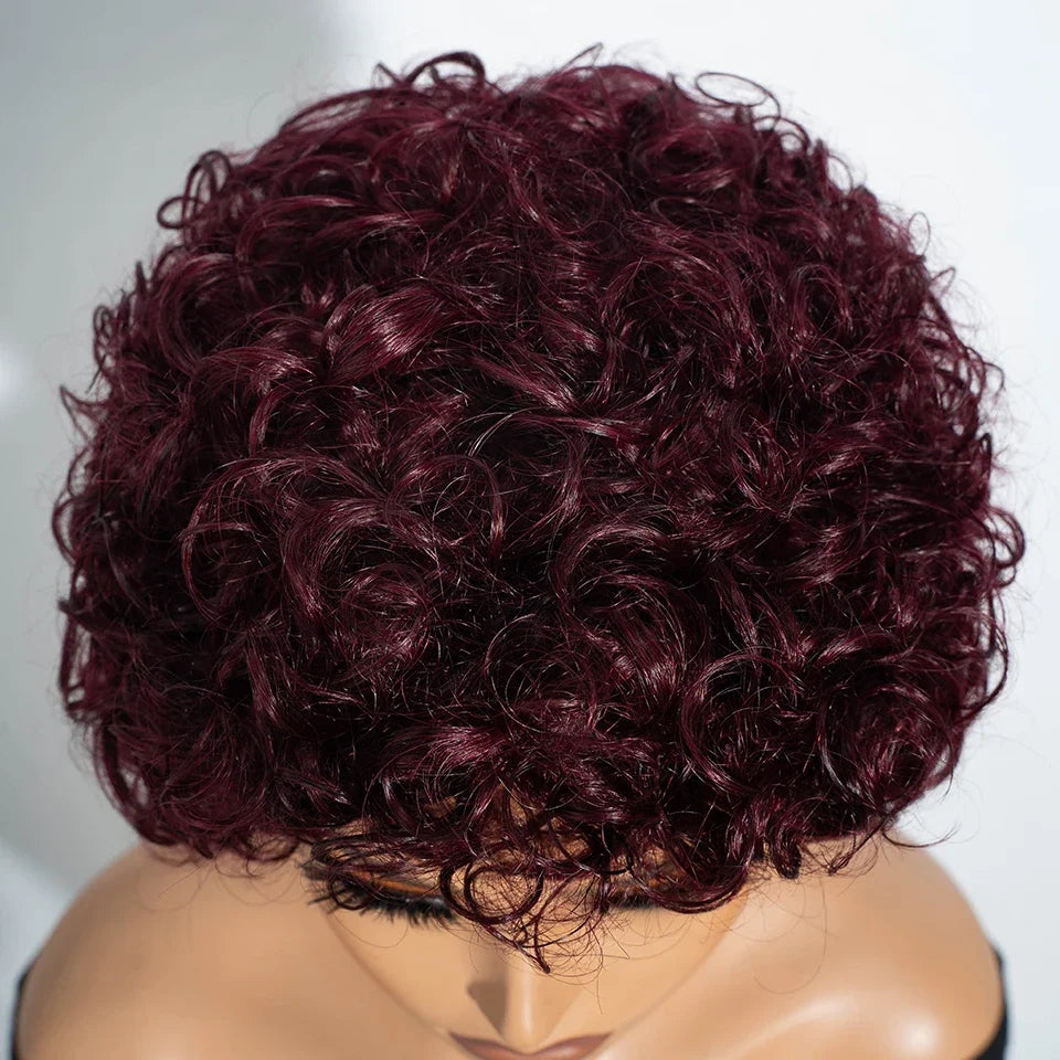 Brazilian Short Bob Pixie Afro Kinky Curly Wigs With Bangs For Black Women Natural Brown 99J Full Machine Made Human Hair Wigs