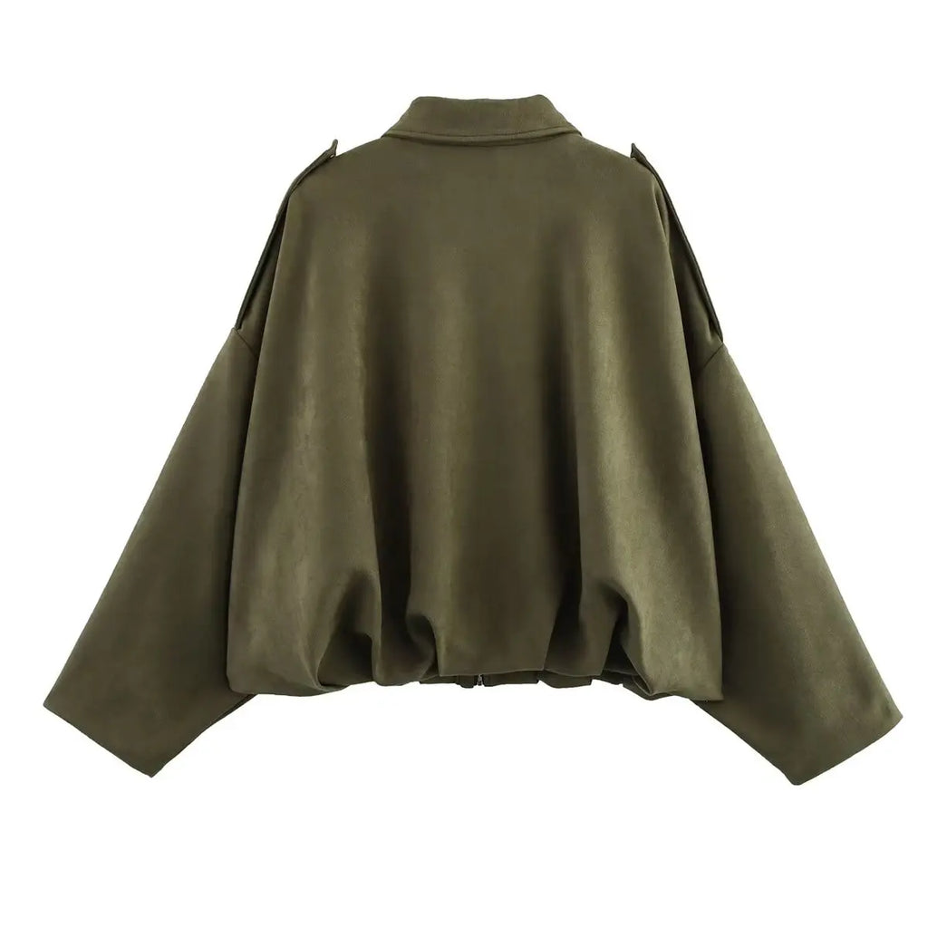 YENKYE New 2025 Women Suede Textured Bomber Jacket Long Sleeve Lapel Collar Loose Coats Casual Female Outerwear Chic Tops