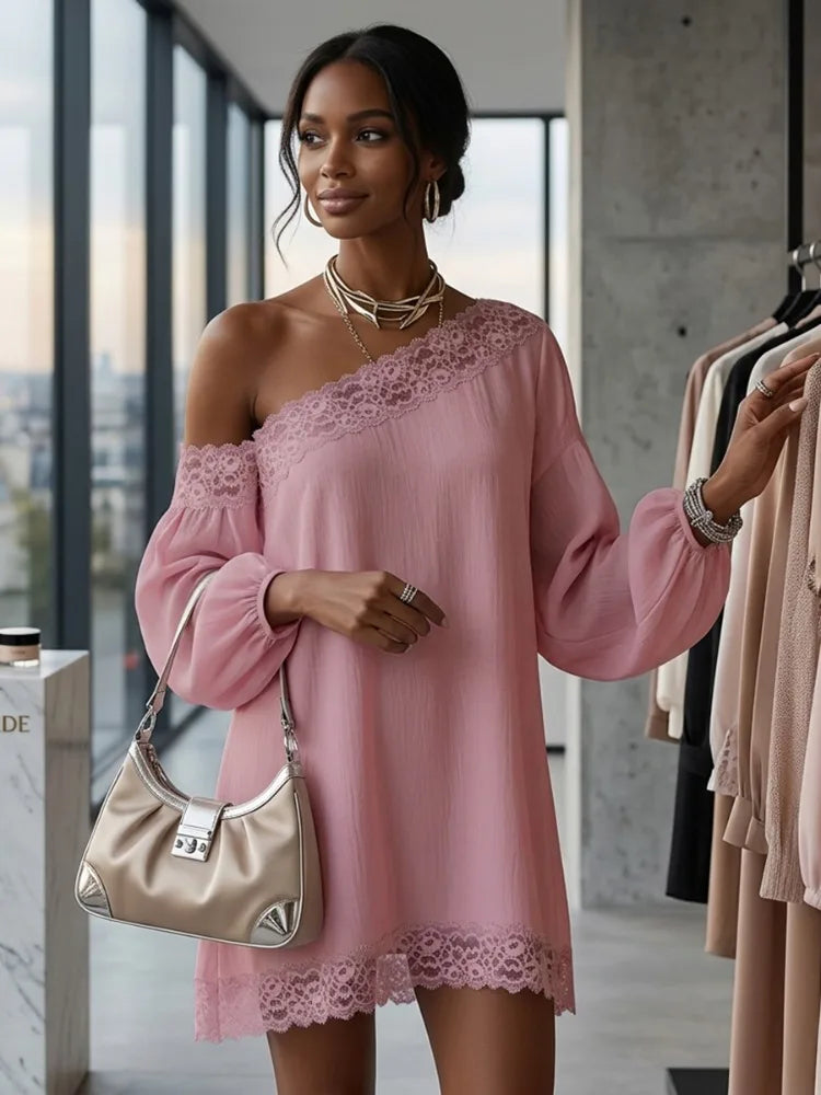 UOOZEE 2026 New Women Elegant Solid Color Party Cocktail Short Dress Off The Shoulder Lace Trim Puff Sleeve Evening Mini Dresses