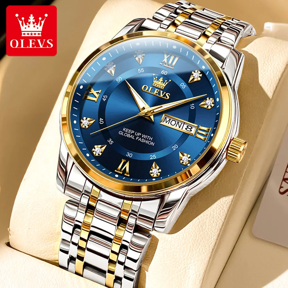 OLEVS 5513 Mens Watch Original Fashion Brand Quartz Waterproof Luminous Watch For Man Stainless Steel Dual Calendar Watch Box