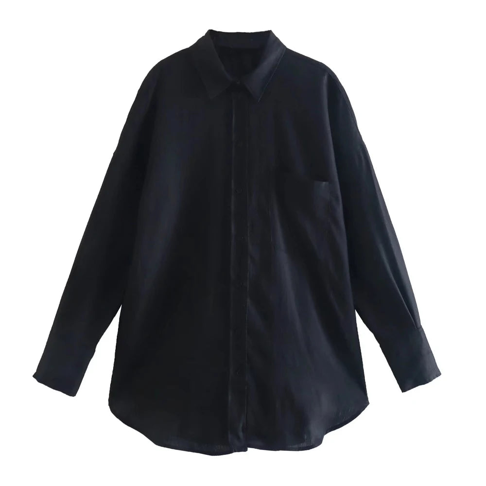 Women Fashion With Pocket Oversized Shirts Vintage Long Sleeve Button-up Female Blouses Blusas Chic Tops