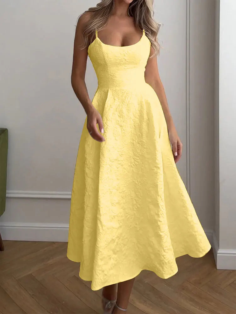 Women A-Line Dresses New Summer Solid Sexy Backless O-Neck Low Chest Sling Maxi Dress Streetwear Fashion Casual Slim Lady Dress