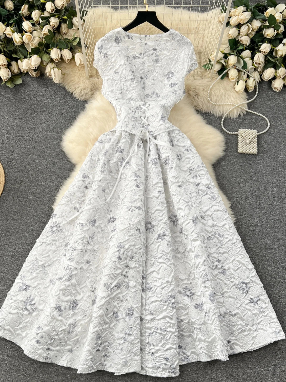 Court Style Elegant Long Dresses for Women Jacquard O-neck Short Sleeve A-line High Waist Vestidos Mujer Frenchic Dress Dropship