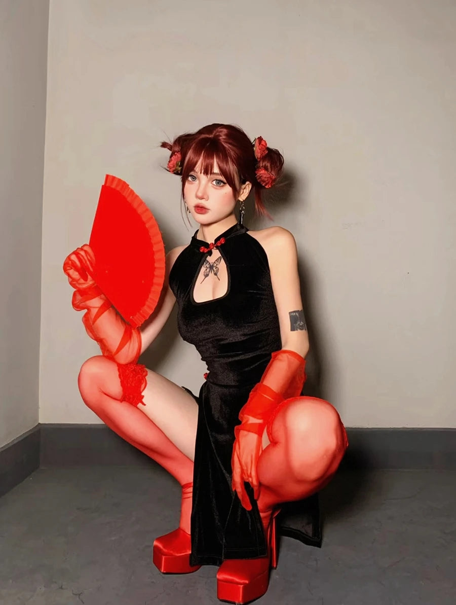 New Year Bar DS Performance Costume Sexy Gogo Leader Outfit Retro Red Black Splittytying Flag Robe Women's Stage Costume