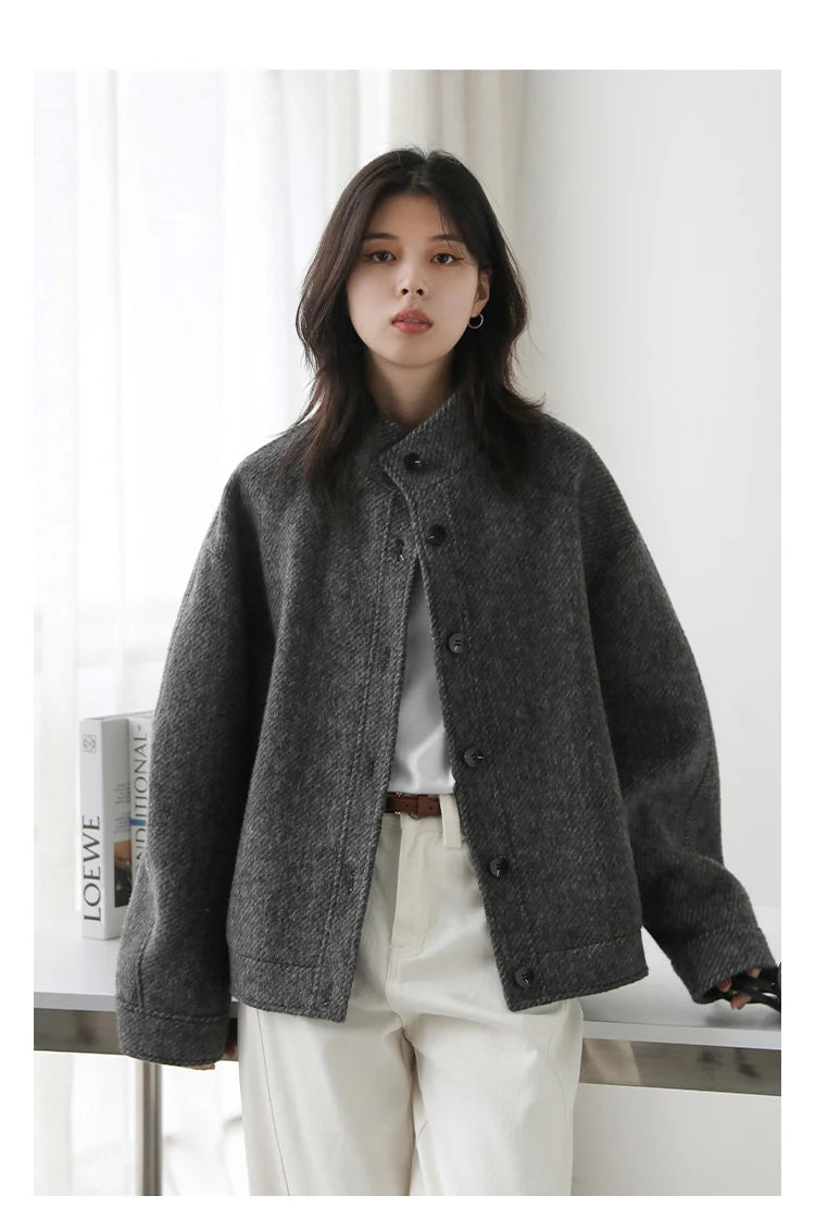 CHIC VEN Women Short Woolen Coat New Stand Up Twill Texture Single Breasted Ladies Jacket Retro Woman Outwear Autumn Winter 2025