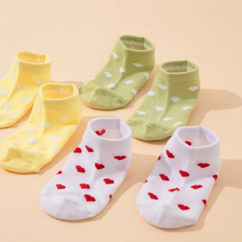 5 pairs kid's short socks: candy colors, heart-shaped, soft, comfortable, casual, student ankle socks - suitable for daily use
