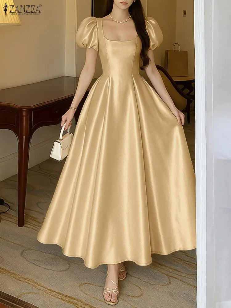 ZANZEA Women's Elegant White Satin Long Dresses Wedding Guest Cocktail Evening Party Dress Square Neck Sleeveless Robes Femme