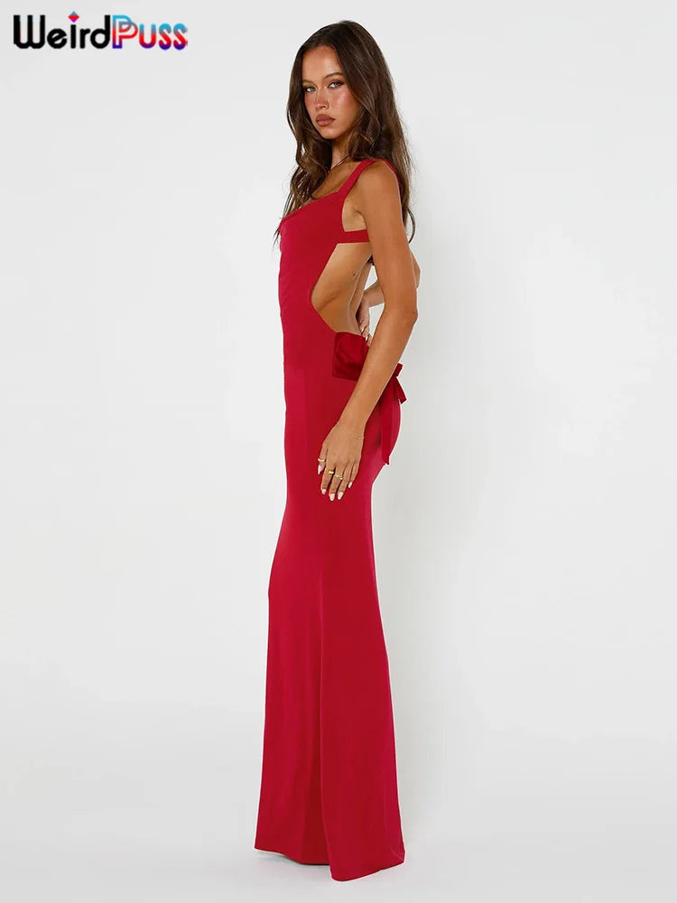 Weird Puss Bow Lace Up  Women Maxi Dress Sleeveless Sexy Backless Slim Bodycon Festival Evening Party Elegant Mermaid Long Robe