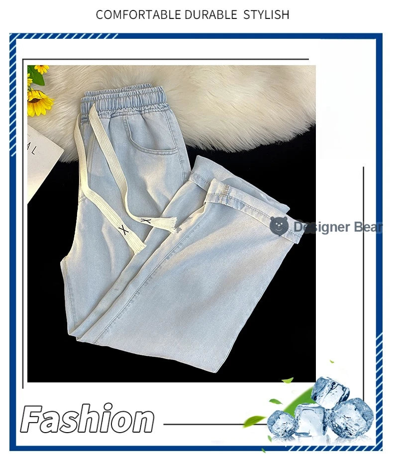 2026 New Spring Summer Men's Baggy Jeans Lyocell Fabric Wide Leg Pants Drawstring Trousers Male City Boy Plus Size S-4 5XL Y2K