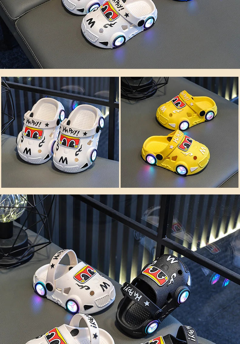Children's Slippers 2026 Summer New Boys' Car Shaped Wheels Will Light Up Anti Slip Soft Bottom Baby Beach Slippers