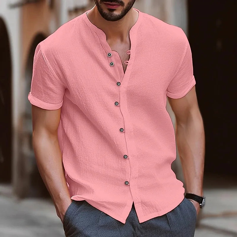 Men's Simple Texture Linen Round-neck Short-sleeve Button-down Solid-color Shirt, Comfortable and Casual Summer Daily Top