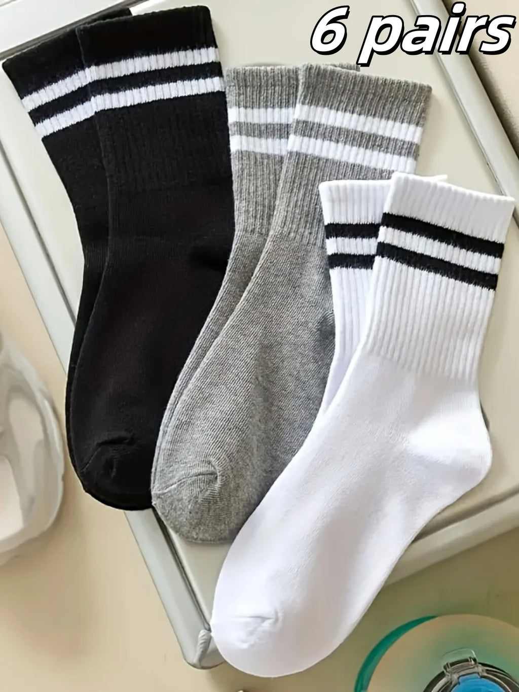 3/ 6 pairs Striped mid-calf socks, crew socks, comfortable and breathable, women's white socks, suitable for daily sports wear