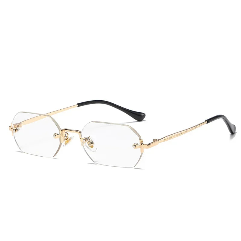 Rimless Rectangle Sunglasses Small Men Glasses Women Metal Gold Polygon Blue Shades 2024 UV400 Frameless
