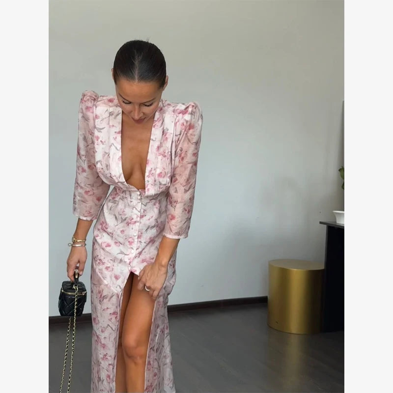Fashion Organza Floral Printed Maxi Dress V-Neck Puff Sleeve 2026 Spring/Summer Romantic Women Party Gown Elegant Lady Vestido