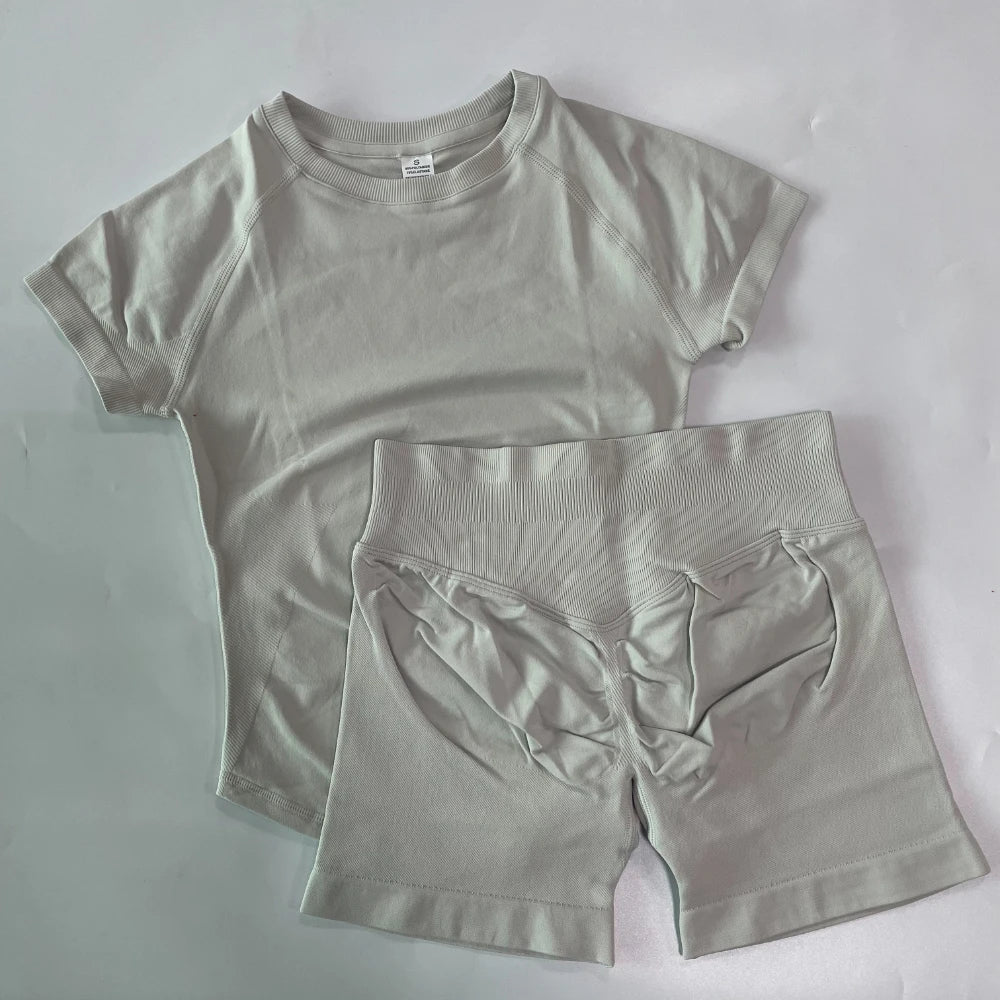 2 Piece Sets Women Outfit Longline Short Sleeve Gym Crop Top High Waist Workout Shorts Sports Suit Fitness Clothes Yoga Set