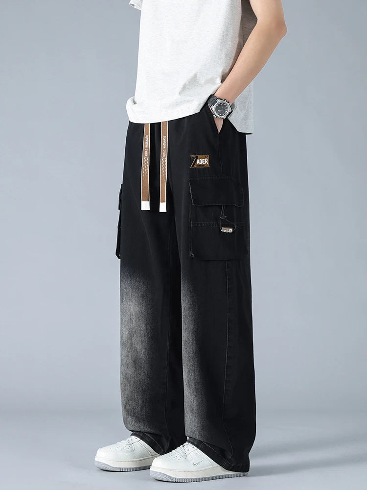 Summer Men's Straight Jeans Multi-Pockets Wide Leg Denim Cargo Pants 8XL 7XL 6XL Big Size Lightweight Baggy Jeans Trousers