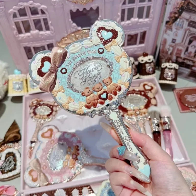 Flower Knows Sweetie Bear Collection Hand Holding Mirror 3 Types Exquisite Relief Makeup Tools Cute HD Makeup Mirror