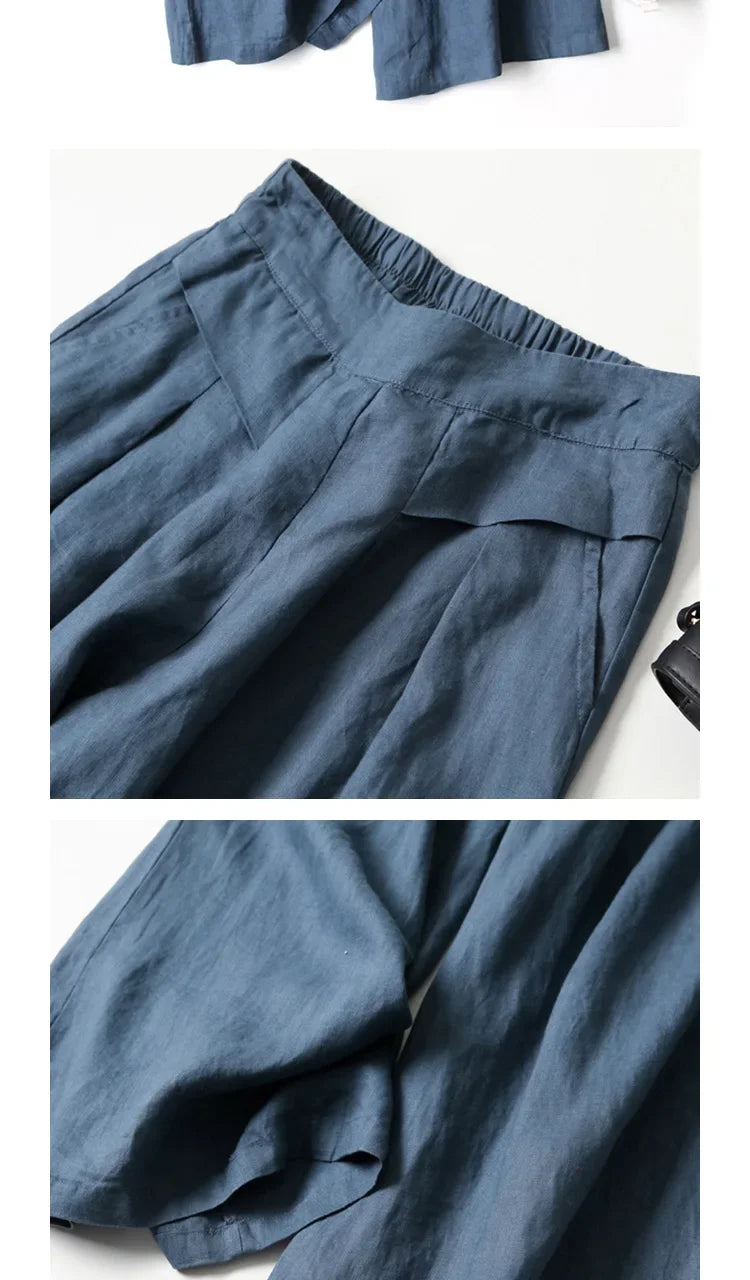 2026 Summer Women's Culottes Cotton Linen Cropped Wide Leg Pants Elastic Waist Casual Palazzo Trousers with Pockets