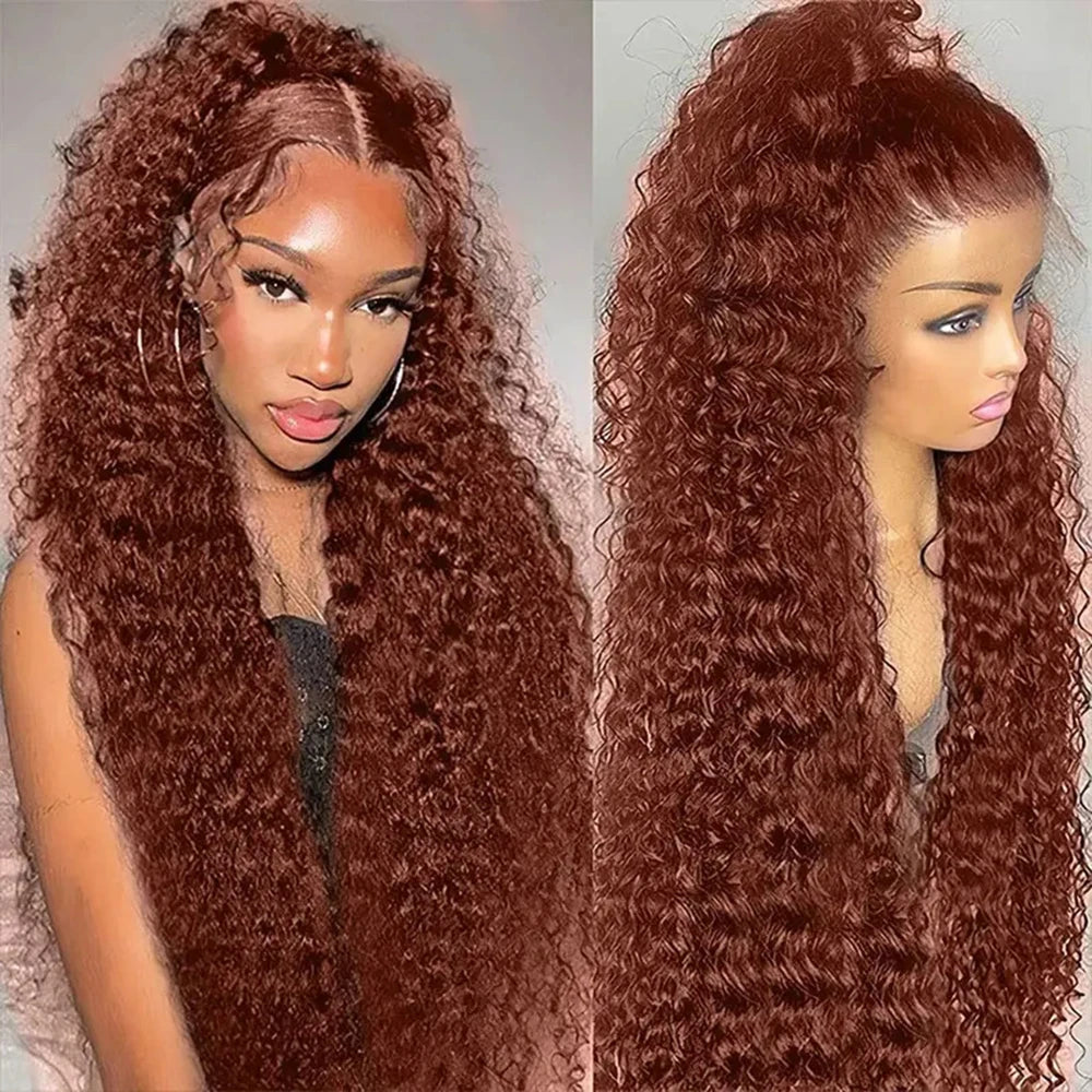 Reddish Brown Deep Curly Lace Frontal Wigs 13x4 13x6 Lace Frontal Human Hair Wigs Deep Wave Fall Colored Human Hair Lace Wigs