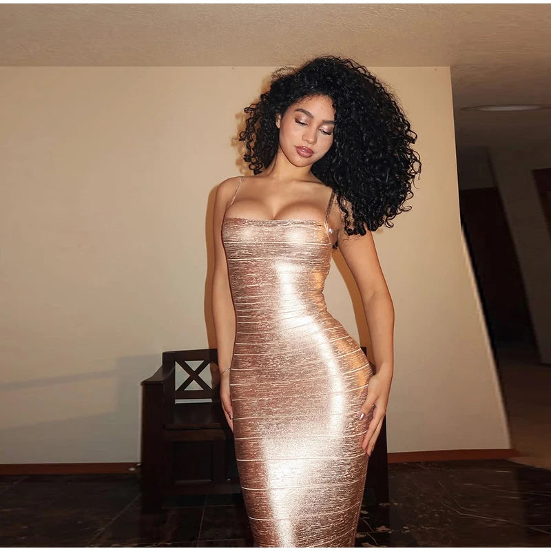 Metallic Shimmer Spaghetti Strap Sweetheart Neck Maxi Dress Bodycon Bandage For Women Night Out Party And Evening Wear