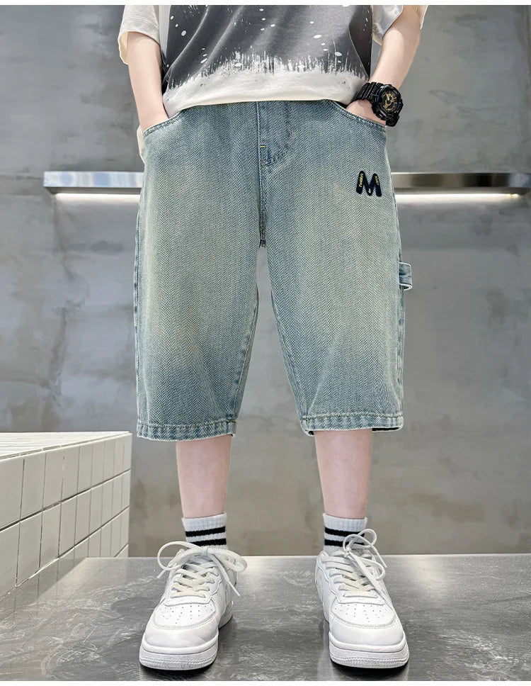 New Summer Teen Boys Shorts Jeans Fashion Letter M Embroidery Short Denim Pants For 4-14 Years Kids Children Trousers
