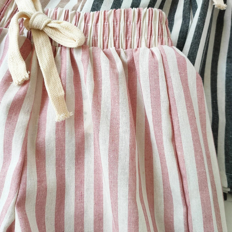 Children's Clothing Vintage Linen Cotton Stripe Pants Baby Boy Girl Casual Shorts Spring Summer Girls Loose Trousers and Shorts