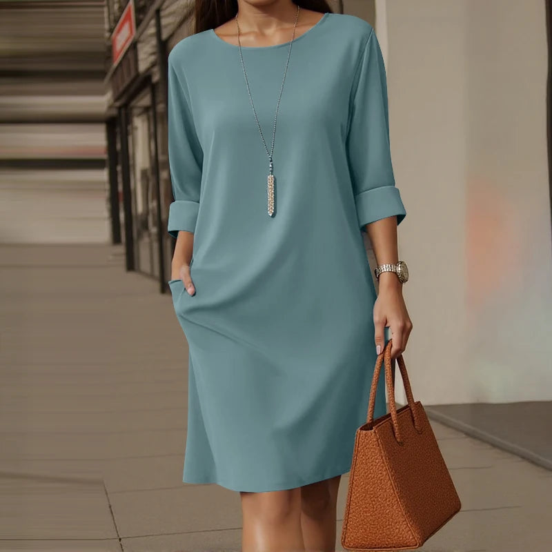 ZANZEA Elegant Women Party Dress 2026 Summer Fashion 3/4 Sleeve Casual Shirt Vestidos Pockets Loose Solid Knee-length Sundress