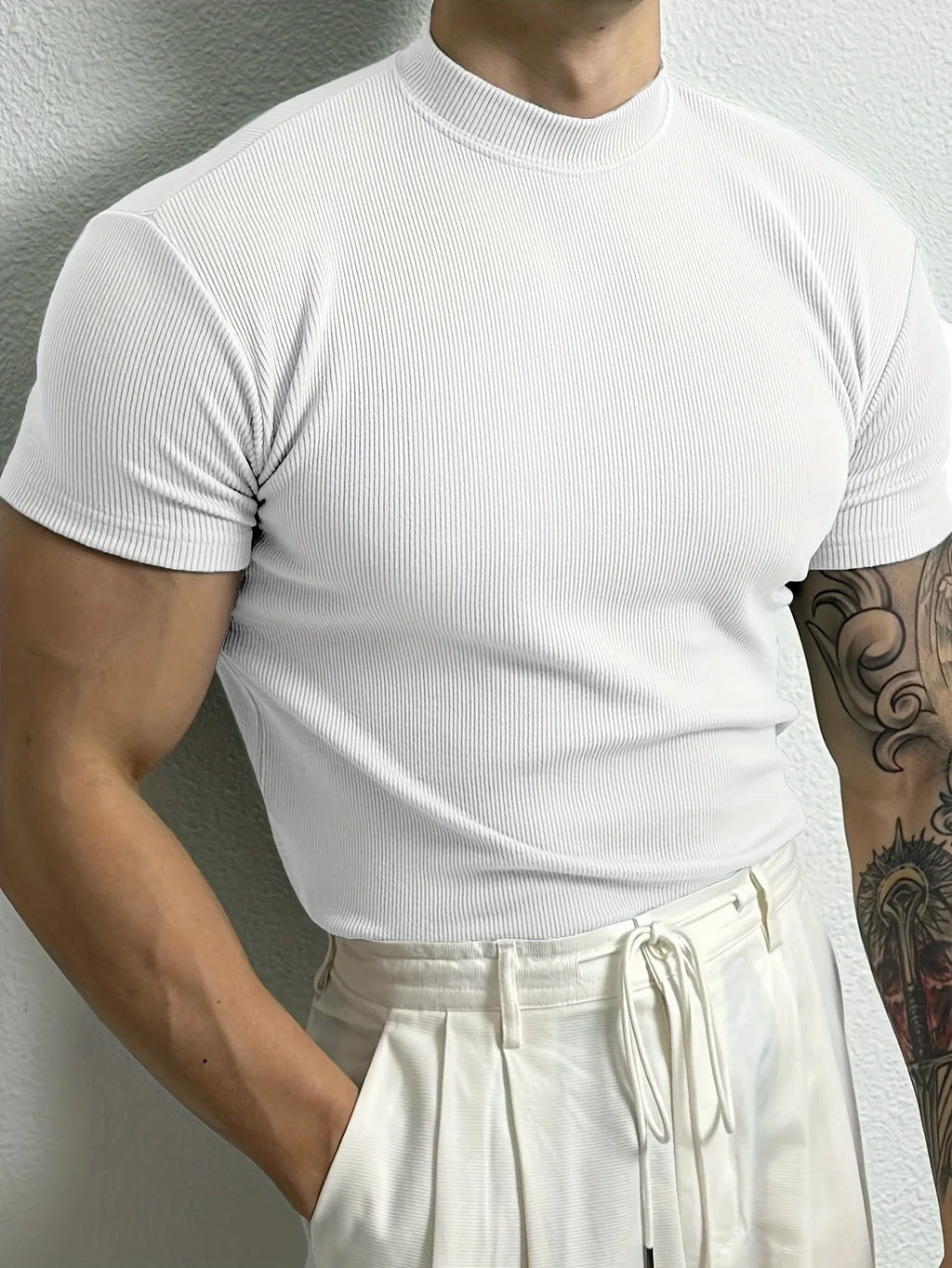 2026 New fashion Men's T-shirt Small high collar stripe shirt short sleeve fitness top leisure sport T-shirt Men sportswear