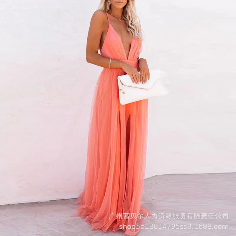 Camisole Dress Backless Sexy Women Party Dresses Spliced V Neck Sleeveless Loose Vestidos Floor Length Summer 2025 Solid
