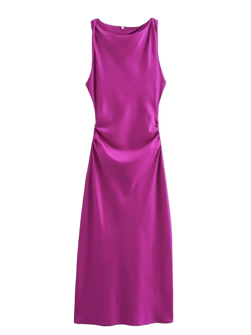 XNWMNZ 2024 Women's Fashion Satin Midi Dress Women High Street O Neck twisted armholes Waist Gathered Fit female Midi Dresses